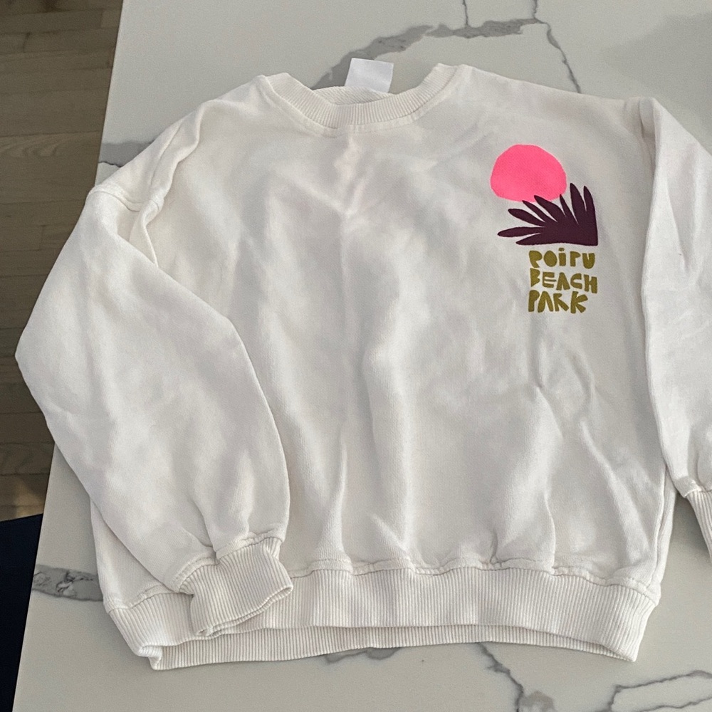 Zara White Long Sleeve Tee with Pink and Brown Design